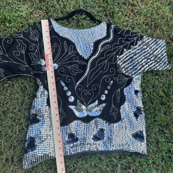 Vintage 80s Sequin Silk Top Black Silver Beaded Party Blouse S - Picture 9 of 10